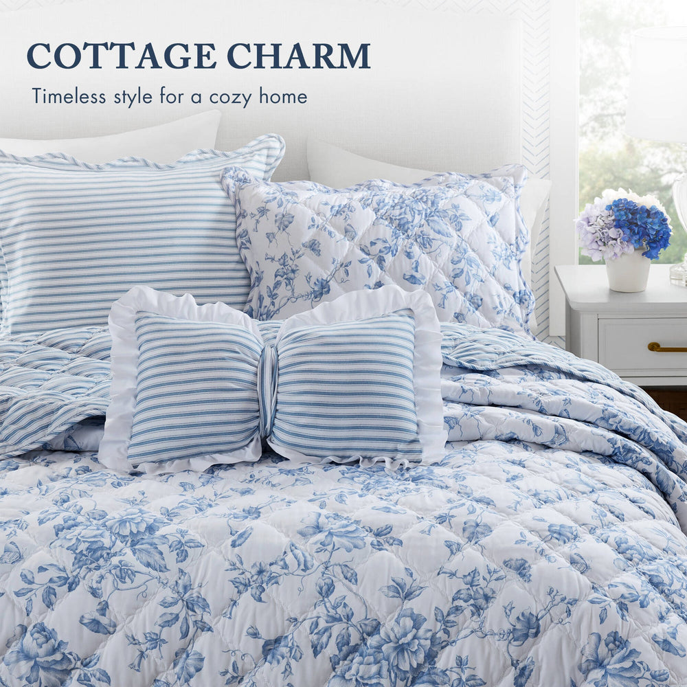 4 Pieces Full/Queen  Quilt Set with Decorative Pillow,Blue Media 8