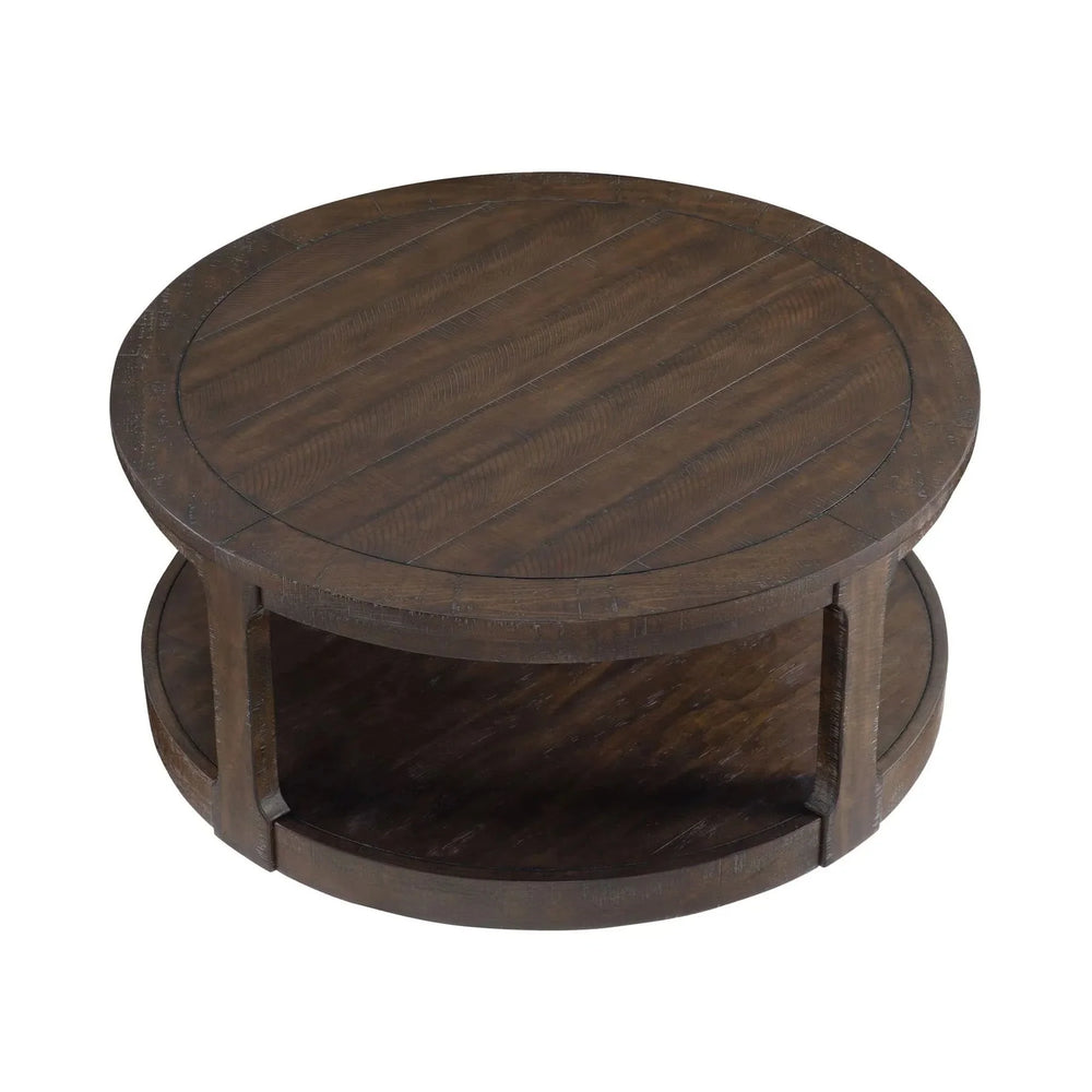 Round Wooden Coffee Table Solid Wood Curved Two-Tier Rustic 40 Inch Media 3