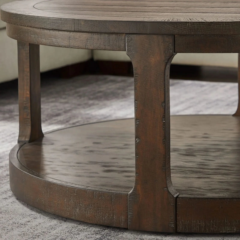 Round Wooden Coffee Table Solid Wood Curved Two-Tier Rustic 40 Inch
