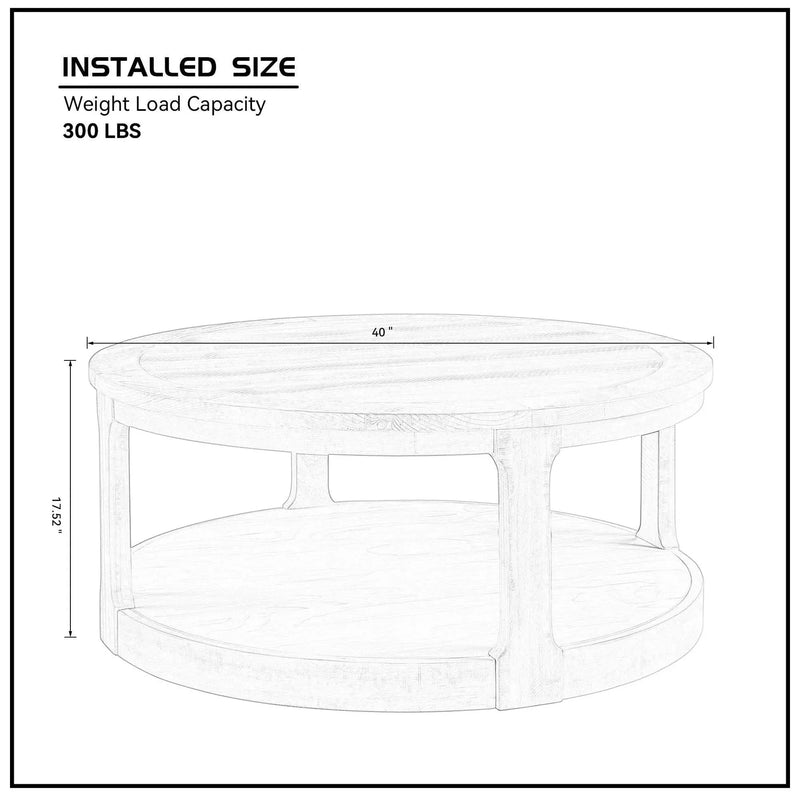 Round Wooden Coffee Table Solid Wood Curved Two-Tier Rustic 40 Inch