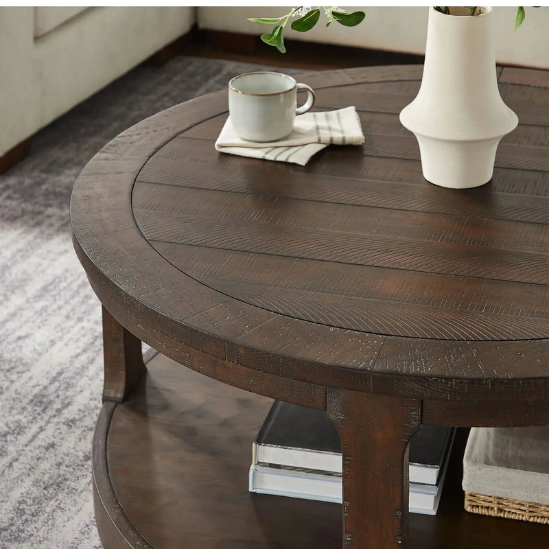 Round Wooden Coffee Table Solid Wood Curved Two-Tier Rustic 40 Inch