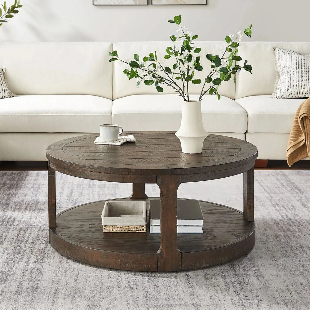 Round Wooden Coffee Table Solid Wood Curved Two-Tier Rustic 40 Inch Media 1