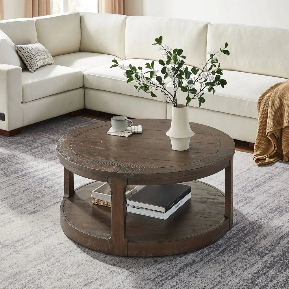 Round Wooden Coffee Table Solid Wood Curved Two-Tier Rustic 40 Inch Media 5