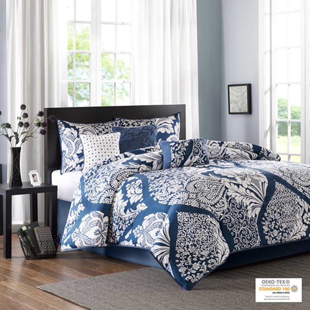 7 Piece Cotton Printed Comforter Set Indigo Cal King Media 4