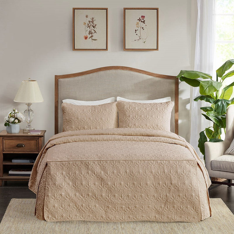 3 Piece Split Corner Pleated Quilted Bedspread Khaki Queen