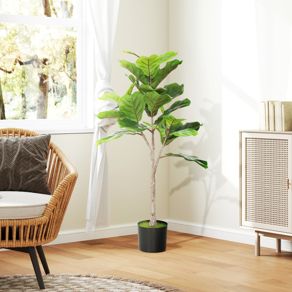 HOMCOM Fake Plant, Artificial Fiddle Leaf Fig Tree, Potted Plant with 28 PEVA Leaves and Flocked Soil, Green Media 10