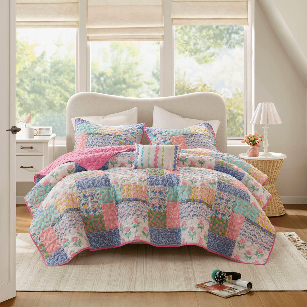 4-Piece Full/Queen 4pcs Quilt Set,Pink Media 19