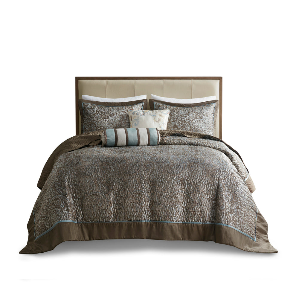 5 Piece Jacquard Bedspread Set with Throw Pillows Blue/Brown Queen Media 14