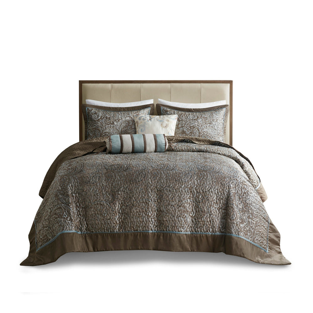5 Piece Jacquard Bedspread Set with Throw Pillows Blue/Brown Queen Media 14
