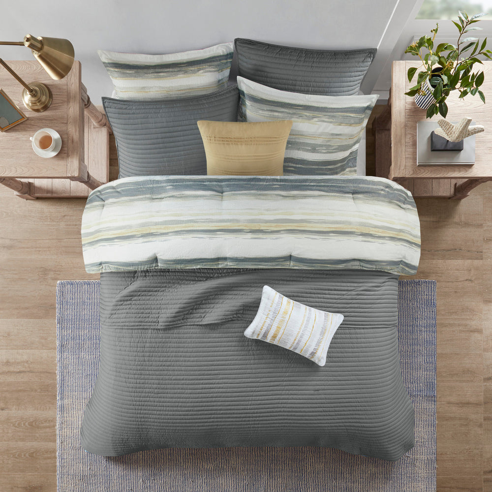 8 Piece Printed Seersucker Comforter and Quilt Set Collection Yellow Full/Queen Media 3