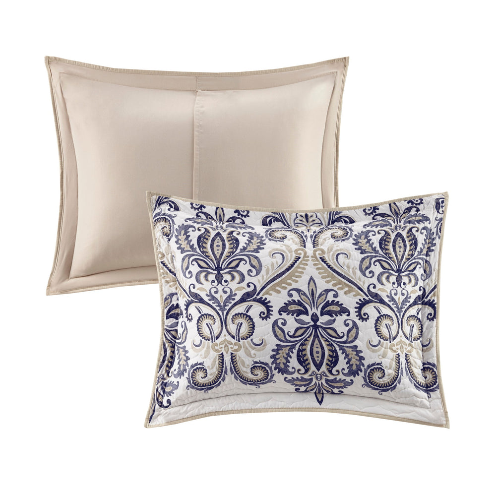 6 Piece Reversible Quilt Set with Throw Pillows Navy/Tan Full/Queen Media 11