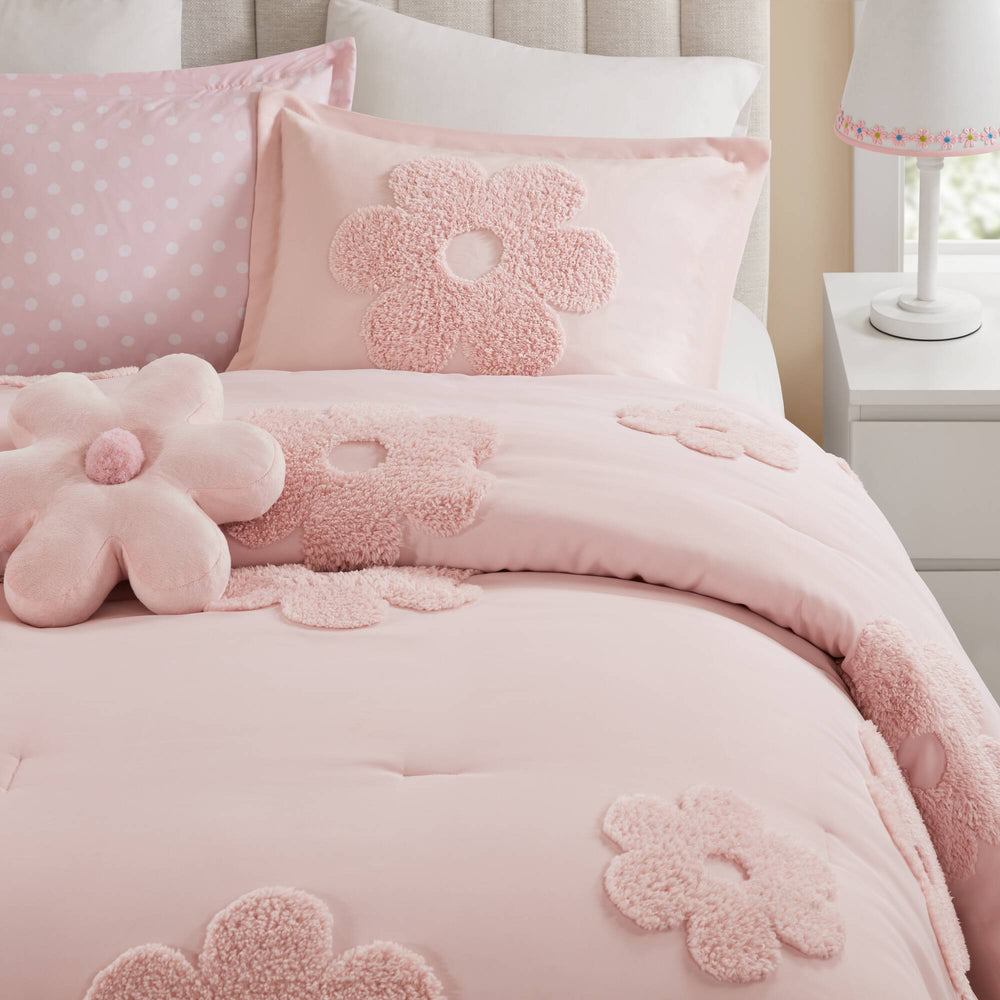 4-Piece Full/Queen Floral Reversible Tufted Chenille Comforter Set with Flower Throw Pillow,Pink Media 13