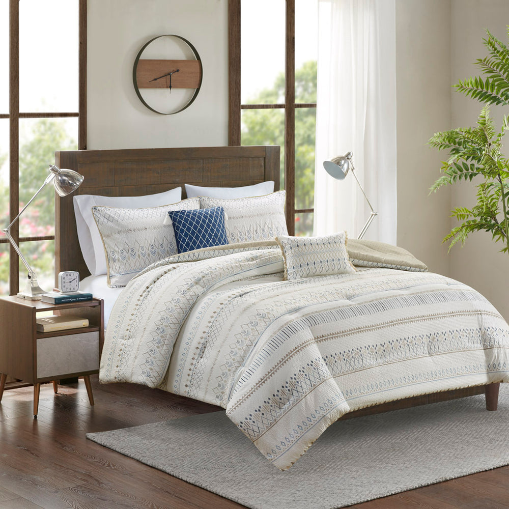 5 Piece Printed Seersucker Comforter Set with Throw Pillows Taupe/Blue Full/Queen Media 1