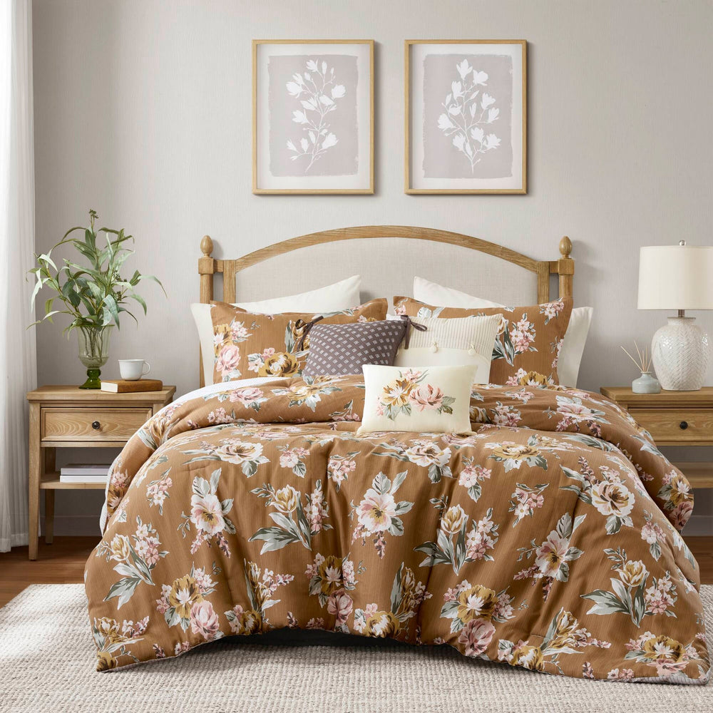 7-Piece Cal King Vin  Floral Comforter Set, Terracotta Media 1