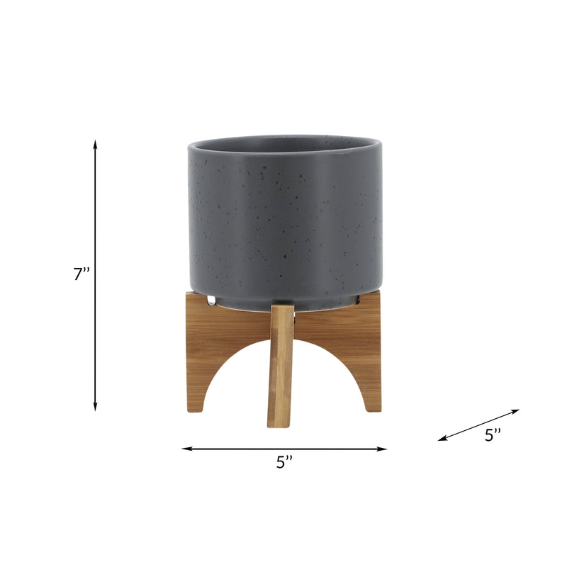 5' PLANTER W/ WOOD STAND, MATTE GRAY