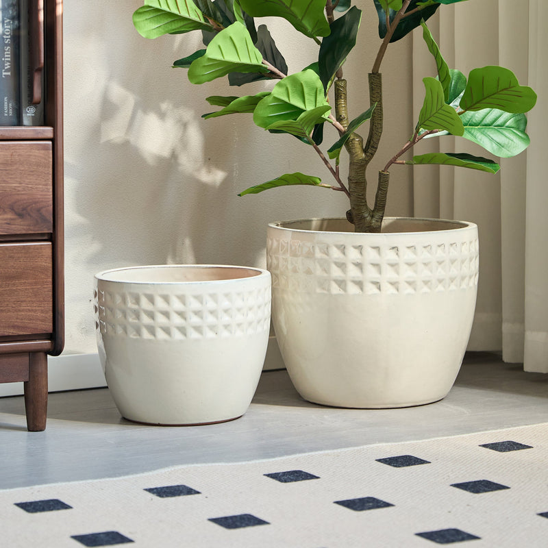 Handmade Ceramic Flower Pot Set of 3, 15/12/9 Inch Diameter, White Diamond Pattern, for Succulents Indoor/Outdoor Use on Windowsill & Bookshelf, Breathable Clay