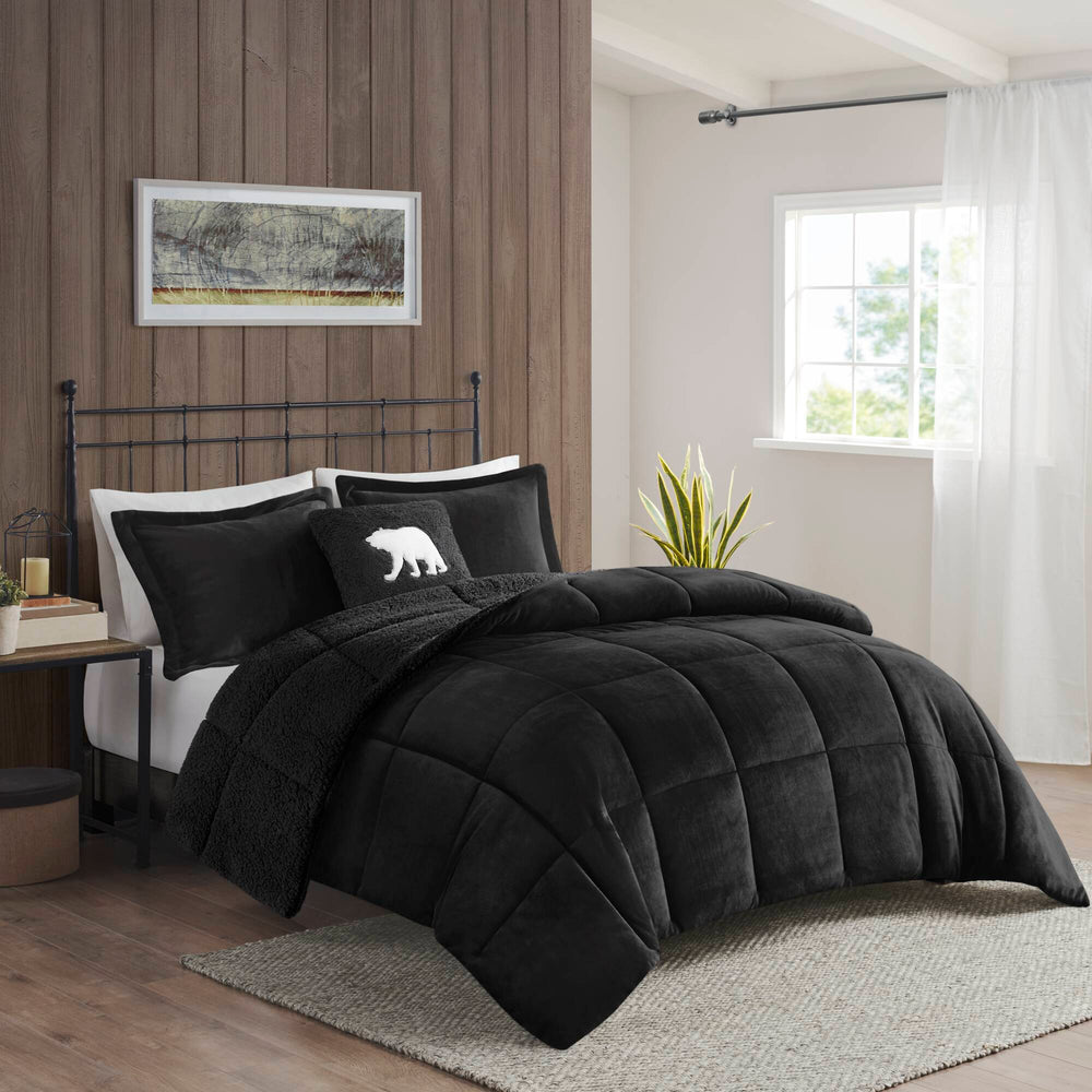4-Piece King Plush to Sherpa Down Alternative Comforter Set,Black/Black Media 4