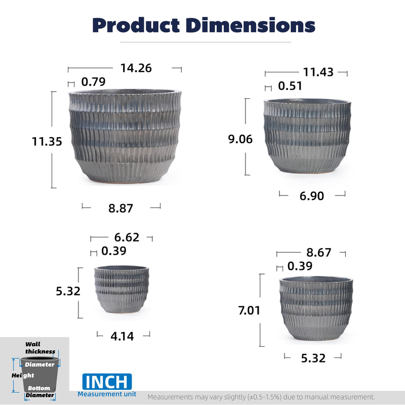 Handmade Matte Metallic Charcoal Gradient Glaze Ceramic Planter Set of 4, 7/9/12/14 Inch, Horizontal Grooves, Indoor & Outdoor Herb Succulent Pots, Breathable Clay with Drainage Holes