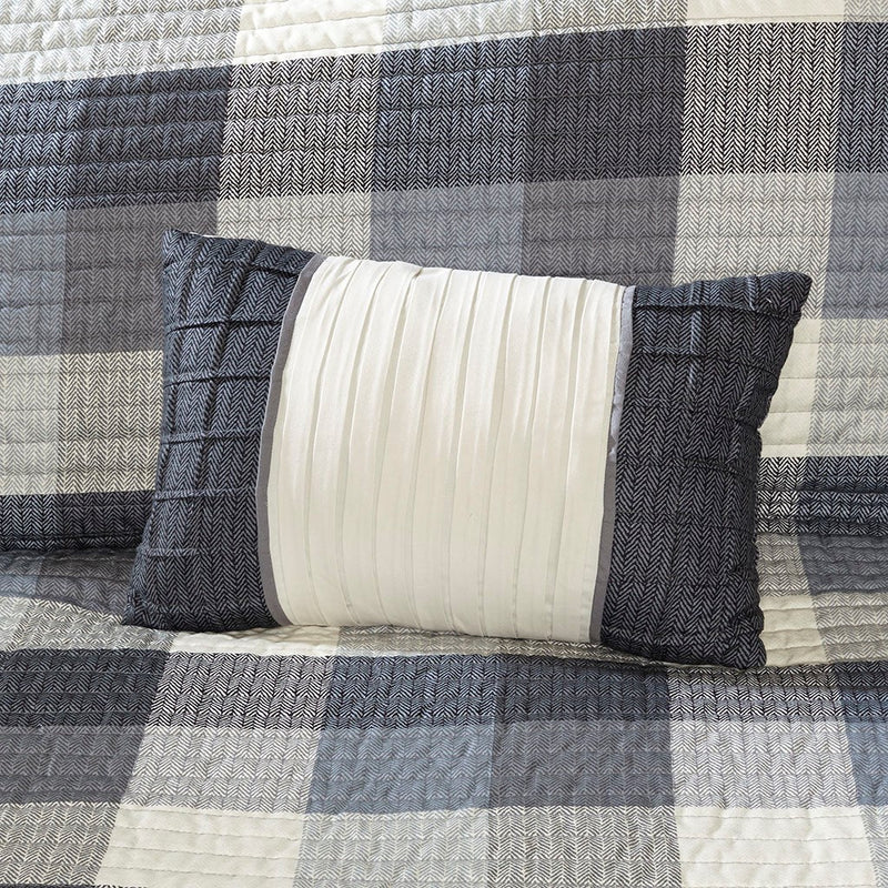 6 Piece Printed Herringbone Quilt Set with Throw Pillows Grey Full/Queen