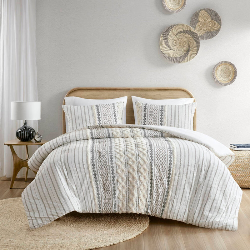 Cotton Printed Comforter Set with Chenille Ivory King/Cal King