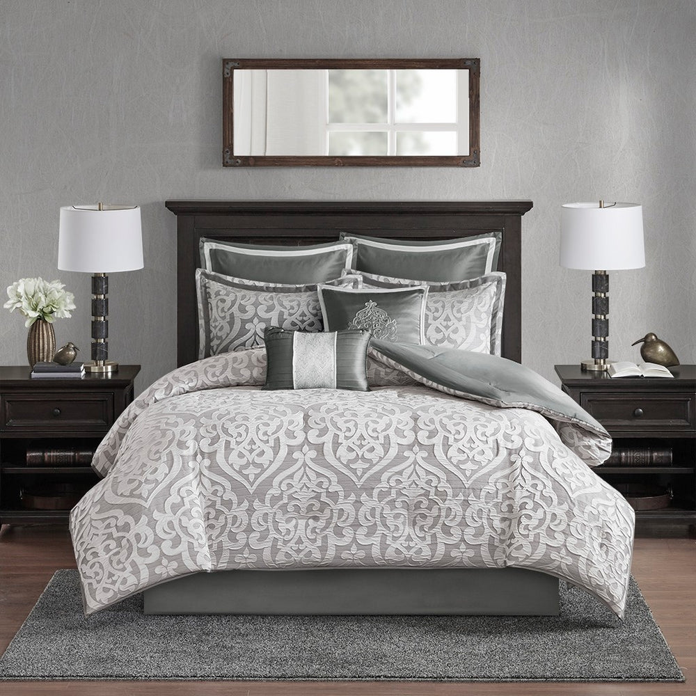 8 Piece Jacquard Comforter Set Silver/Silver Cal King Media 2
