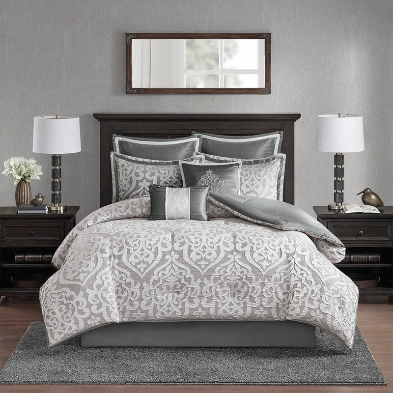 8 Piece Jacquard Comforter Set Silver/Silver Cal King