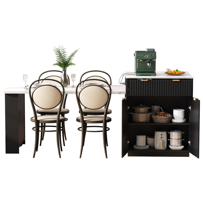 Kitchen Island Modern With Extendable Dining Table & Power Outlet For 4-6 People Black
