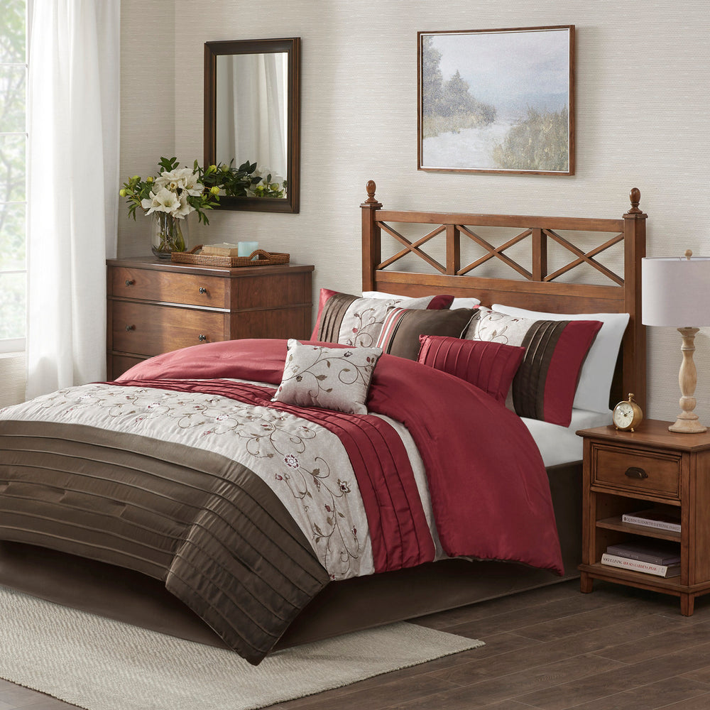 Embroidered 7 Piece Comforter Set Red King Media 1