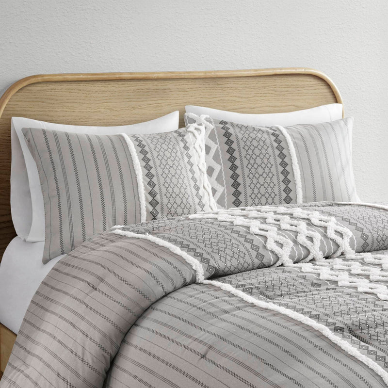 Cotton Printed Comforter Set with Chenille Gray King/Cal King