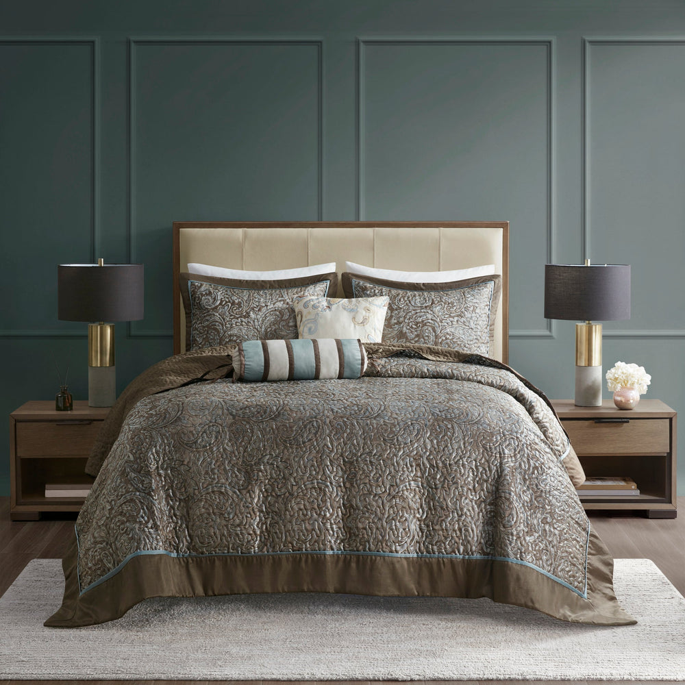 5 Piece Jacquard Bedspread Set with Throw Pillows Blue/Brown Queen Media 4