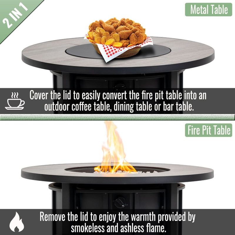 Propane Fire Pit Table Round Steel Wood Grain Ceramic Tabletop For Outdoor Patio & Backyard Entertaining