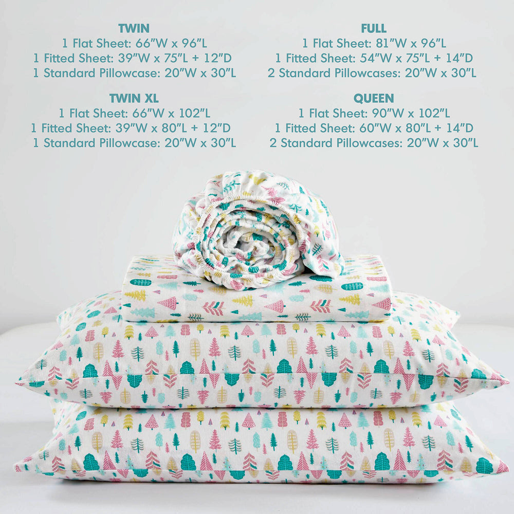 4 PCS Queen Cotton Printed Sheet Set White Holiday Trees Media 7
