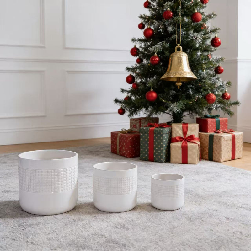Handmade White Ceramic Planter Set of 3 (5.51' to 9.65'), Indoor & Outdoor Flower Pots for Succulents, Herbs by Window, Couchside - Breathable Textured Clay