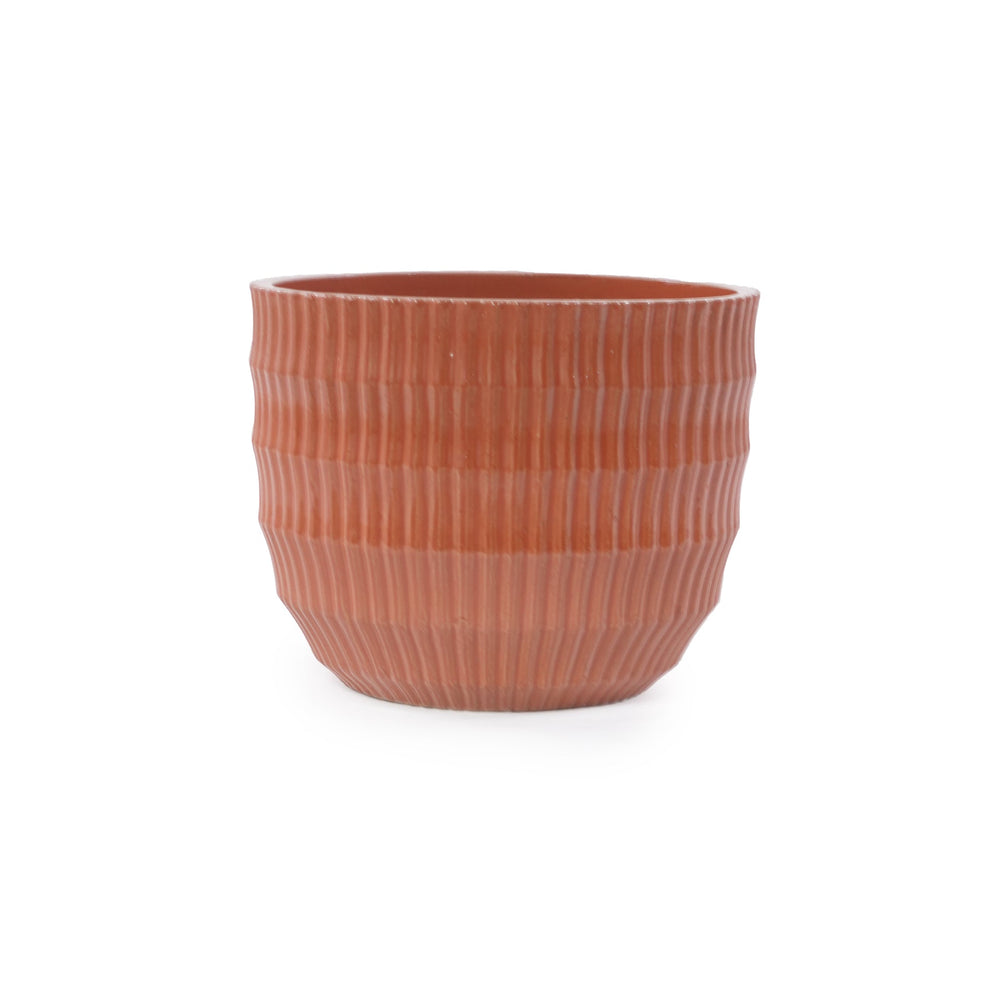 Handmade Brick Red Glaze Ceramic Planter Set of 4, 7/9/12/14 Inch, Horizontal Grooves, Indoor & Outdoor Herb Succulent Pots, Breathable Clay with Drainage Holes Media 12