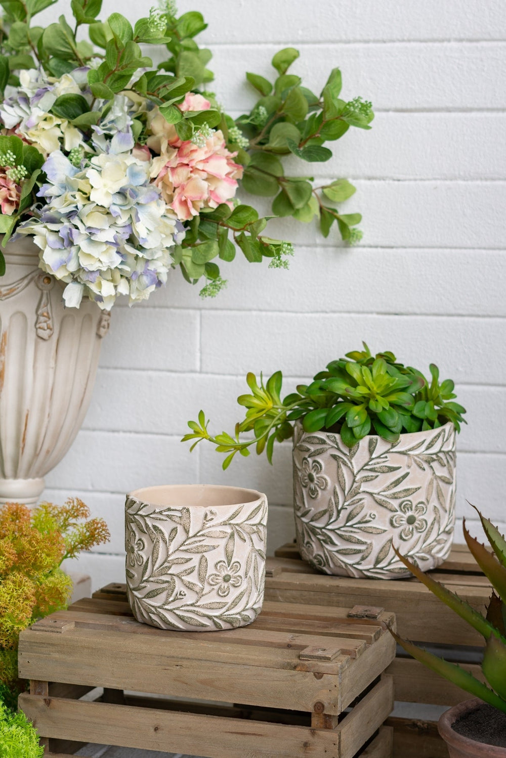 S/2 Gray Sand and Cement Planters with Etched Green Floral Motif, L:D6.7x6.3' S:D5.5x5' Media 1