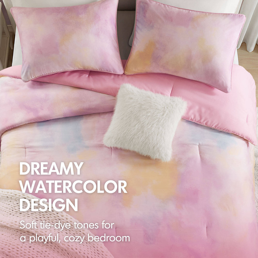4 Pieces Full/Queen Watercolor Tie Dye Printed Comforter Set with Throw Pillow,Pink Media 12