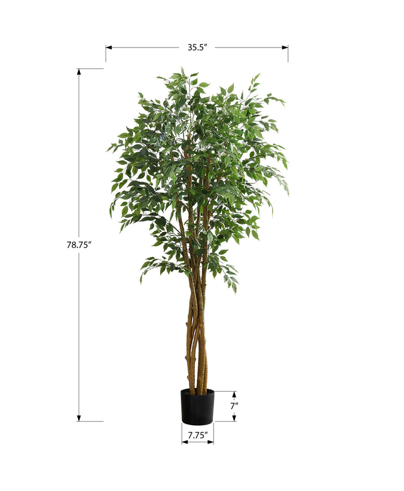 Artificial Plant, 79' Tall, Ficus Tree, Floor, Real Touch, Potted, Green Leaves, Black Pot