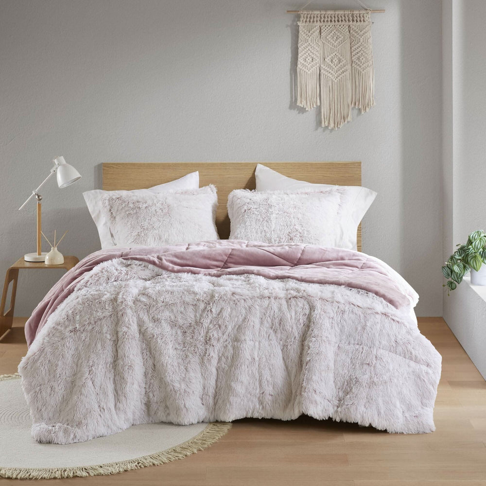 Faux Fur Comforter Shaggy Pink & White King & Cal King 3 Piece Set For Bedroom Decor Soft Media 13