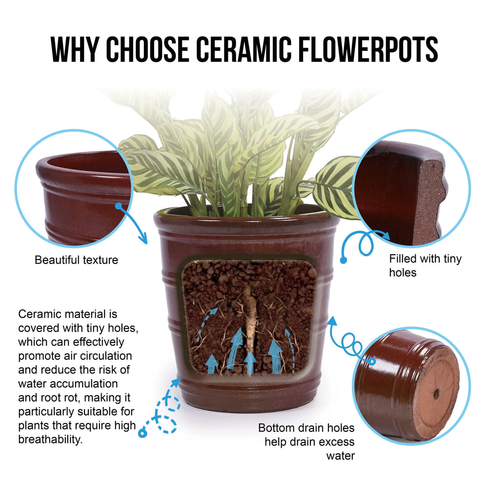 3 Pieces Ceramic Flowerpot, Modern Planter for Patio, Garden or Windowsills - Bean Paste Red Media 13