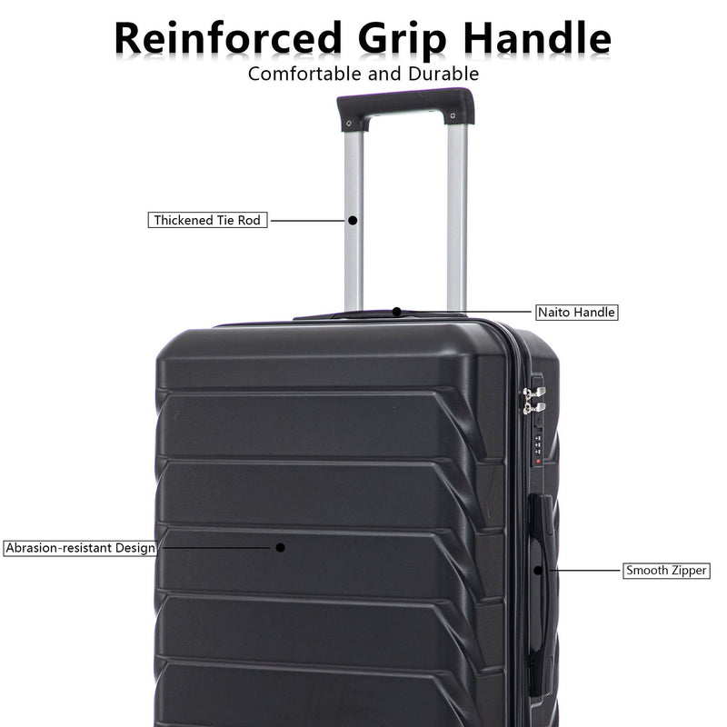 ABS Luggage Set 20 24 28 Inch Spinner Wheels Black Durable 3-Piece & Combination Lock