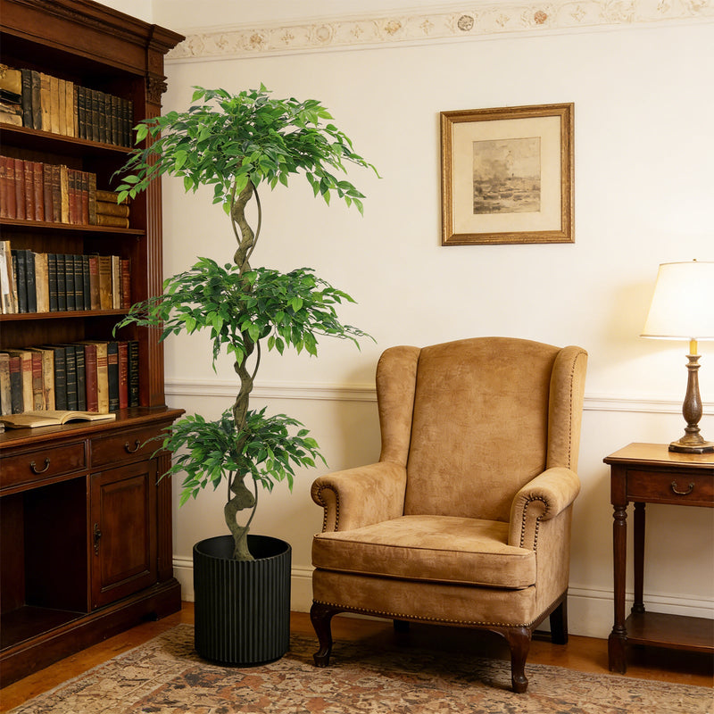 6FT Lifelike Artificial Ficus Tree with Black Pot for Home or Office Decor, Green Plastic Indoor Plant