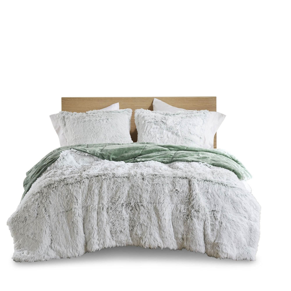 Faux Fur Comforter Set Shaggy Twin XL Green & White Cozy Bedding For Home Decor Accent Media 10