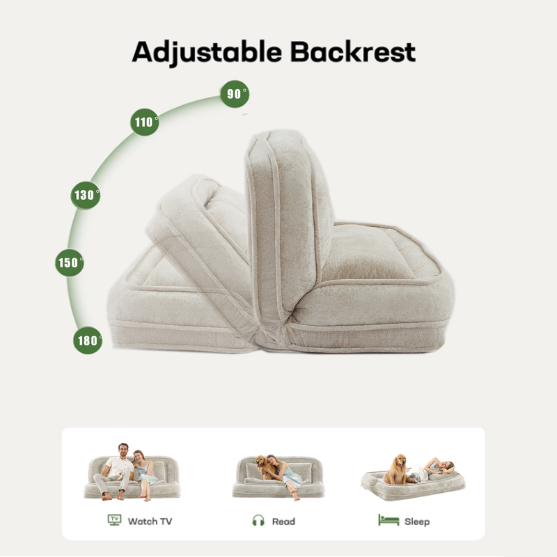 Pet Sofa Bed Chenille 2-In-1 Lounge Couch With 5 Adjustable Positions For People & Pets Beige