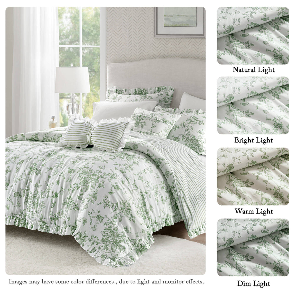 5 Pieces Full/Queen Comforter Set with Decorative Pillows,Green Media 3