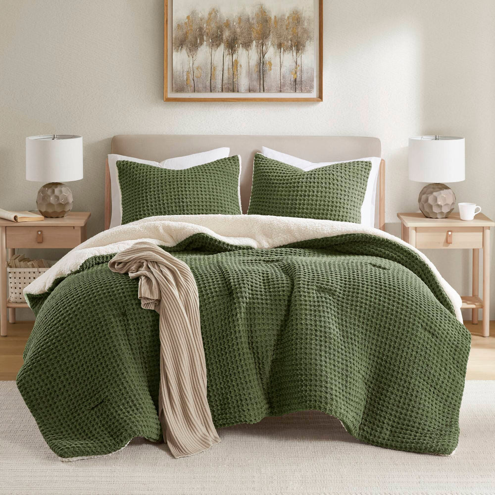 3 Pieces Full/Queen Waffle Knit Chenille Comforter Set,Olive Media 17