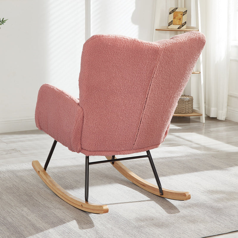 Glider Chair Teddy Fabric Pink With Sturdy Metal Frame For Living Room Comfort & Rocking Style