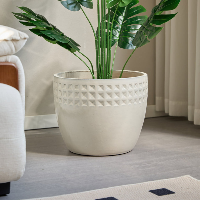 Handmade Ceramic Flower Pot Set of 3, 15/12/9 Inch Diameter, White Diamond Pattern, for Succulents Indoor/Outdoor Use on Windowsill & Bookshelf, Breathable Clay