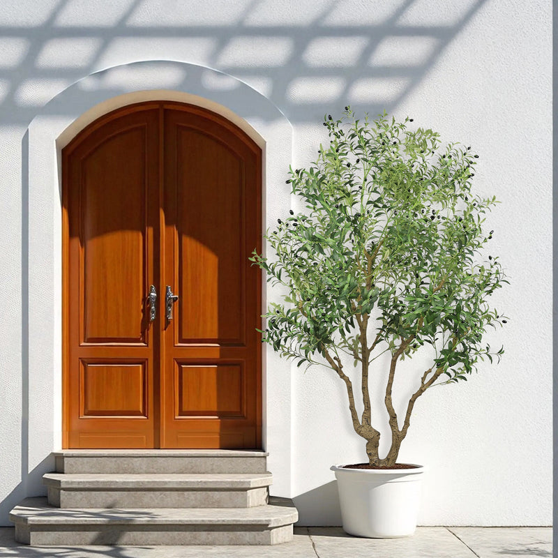 8FT Tall Artificial Olive Tree - Large Faux Potted Tree with Natural Trunk and Lifelike Olive Leaves and Fruit, Elegant Indoor/Outdoor Decorative Plant for Living Room, Office or Entryway, 1 pc/set