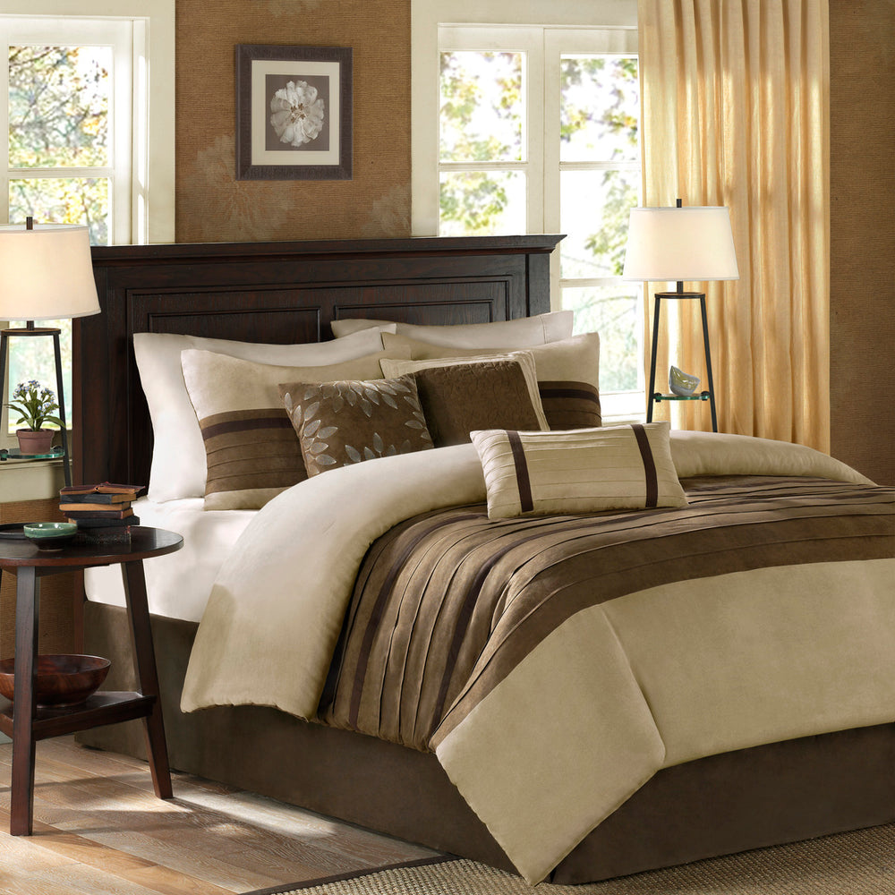 7 PC Pieced Faux Suede Comforter Set Natural Full Media 1