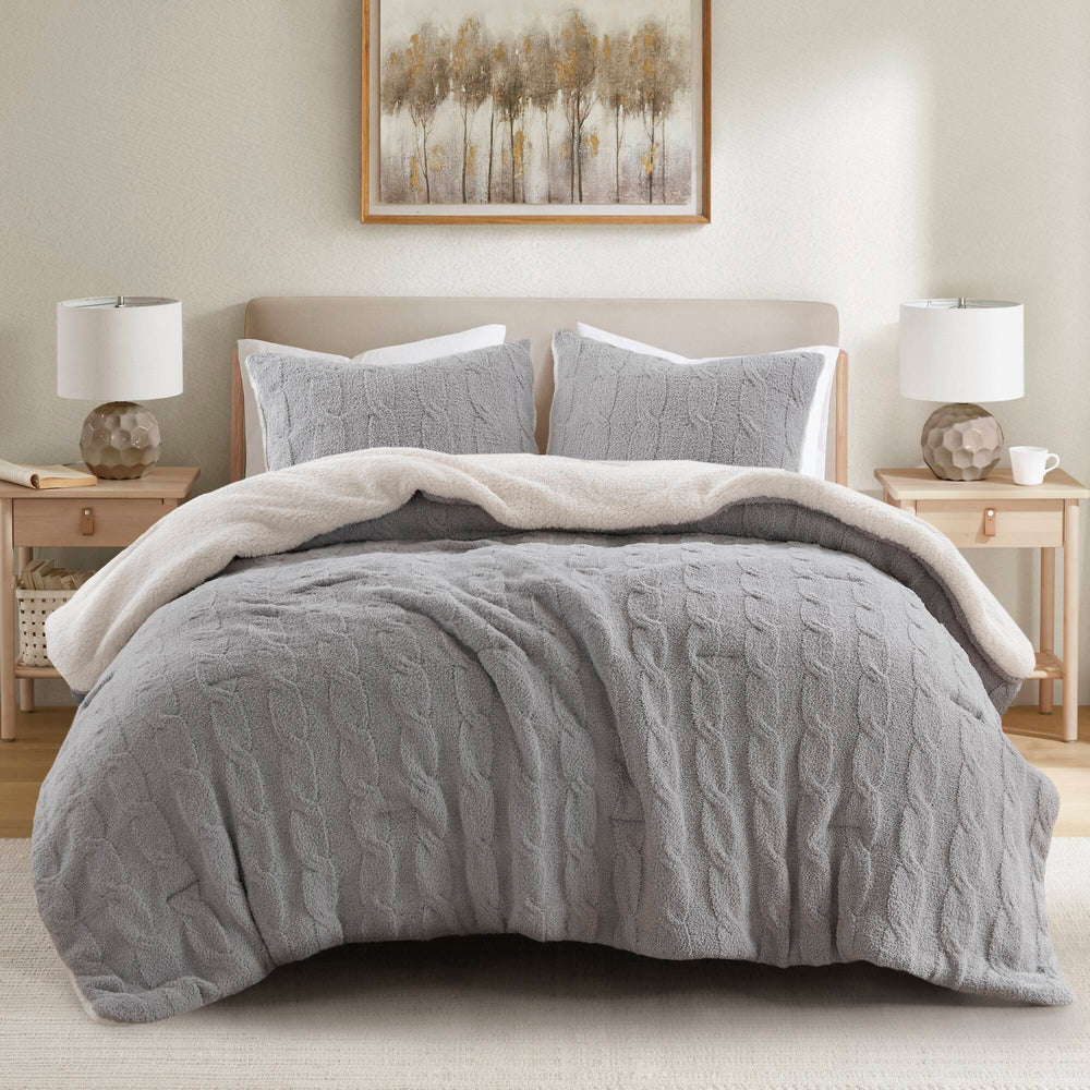 3 Pieces King/Cal King Cable Knit Chenille Comforter Set,Gray Media 1